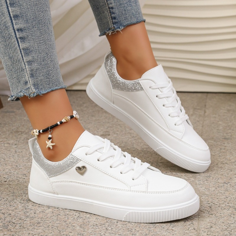 Casual Sneaker Low - Damen Weiße Glitzer-Herz-Sneaker - Schnürbare Niedrige